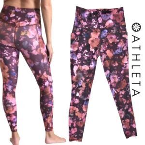 ATHLETA SALUTATION STASH POCKET FLORAL TIGHT LEGGINGS EXTRA SMALL XS PINK PURPLE